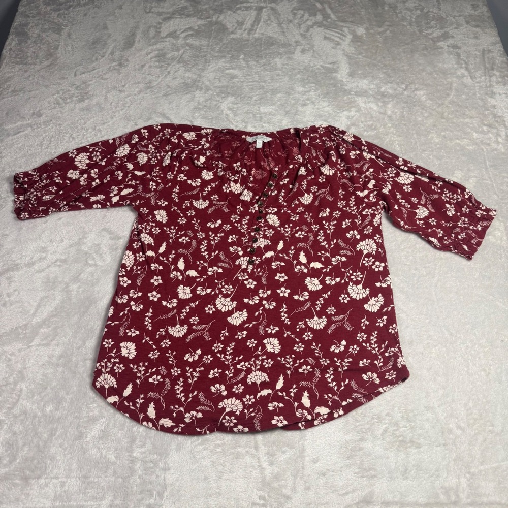 Lucky Brand Womens XS Floral Henley Top Burgundy Short‎ Puff Sleeve Cotton Modal - Picture 2 of 11